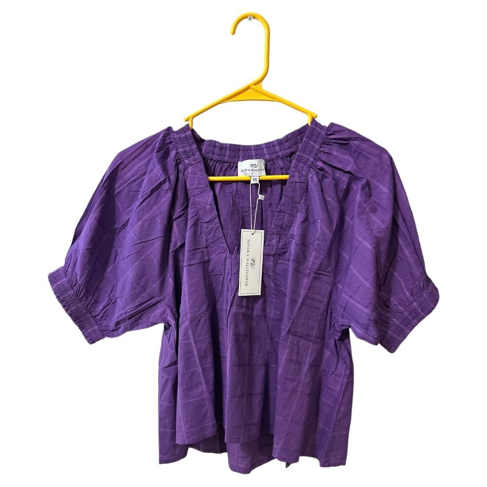 Never A Wallflower Marakesh Blouse Short Puff Sleeves Crop Top Size XS Purple